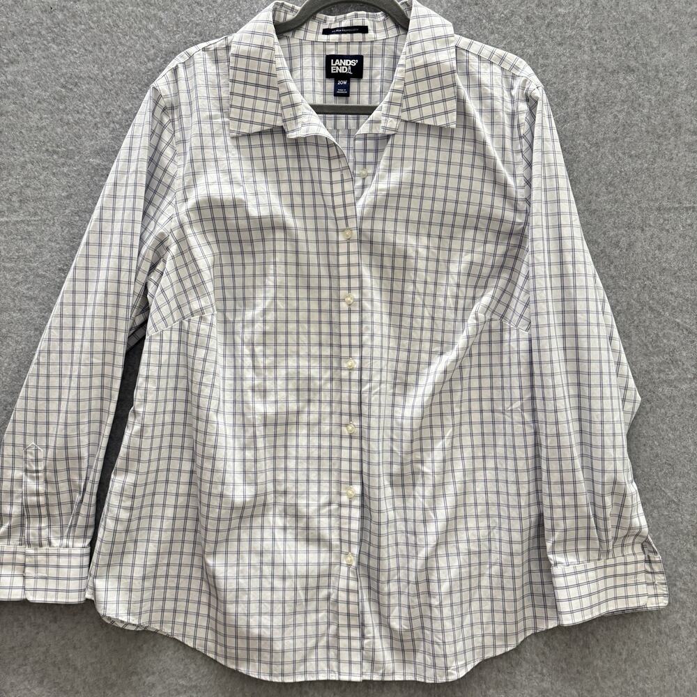 Lands' End No Iron Broadcloth Button Up Shirt Women's 20W White Blue Windowpane